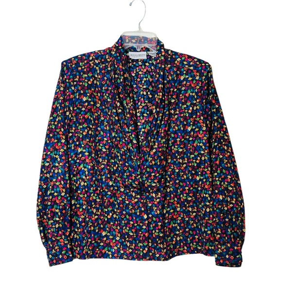 8621 ILyssa Maxx VTG Blouse 12 V Neck Long Sleeve Multi Color Padded Shoulders - Picture 1 of 4